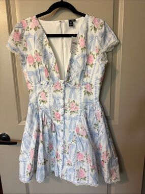 Windsor Pastel Floral Bow-Print Mini Dress in Pink & Blue